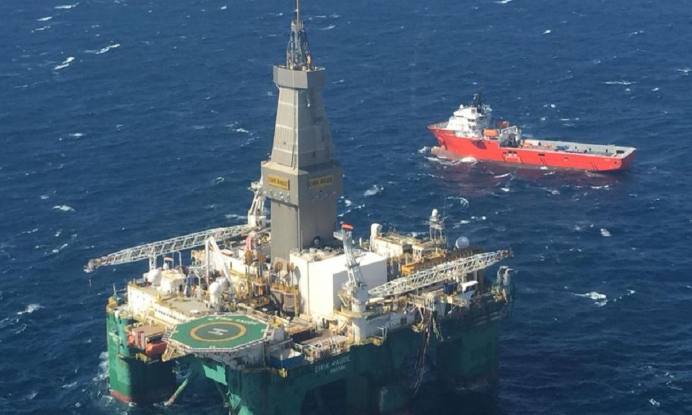 Eirik Raude oil rig with supply vessel, offshore Falklands, 2015 exploration campaign